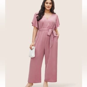 BloomChic Plus Size 6XL Anti-Wrinkle Plain Belted Flutter Sleeve Zipper Jumpsuit